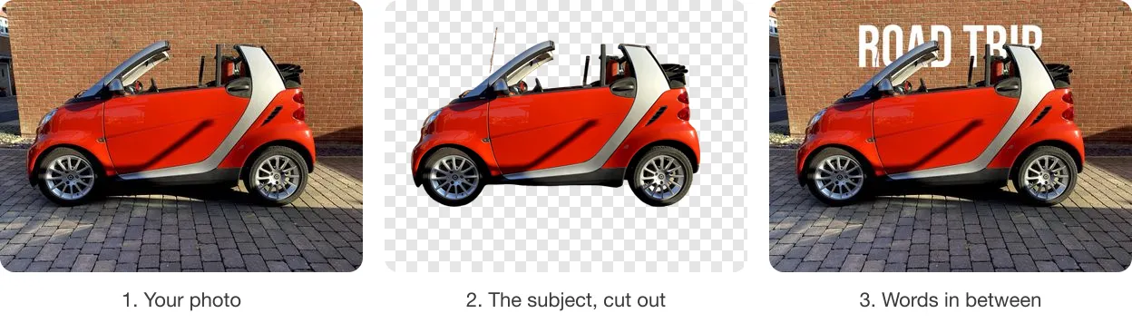 Three panels: a photo of a red car, the car cut out on a transparent background, and the car in front of the words ROAD TRIP